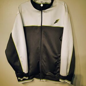 White and Gray Bomber Jacket with Stand-Up Collar and Zip-Up Style